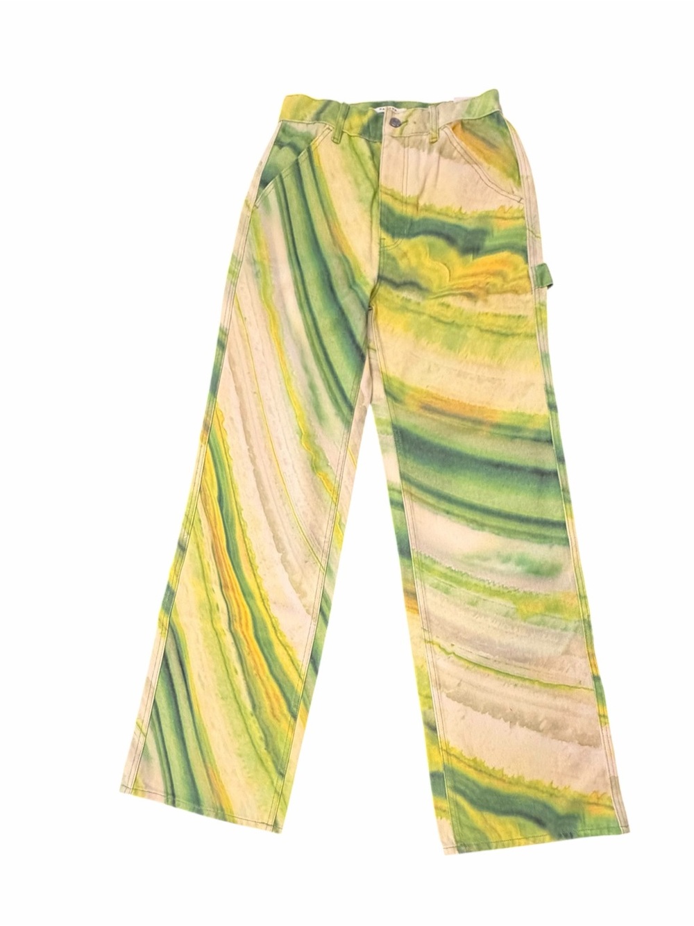 Pacsun Ultra High Rise Flare Carpenter Jeans Women's 26 Green Yellow Acid Print